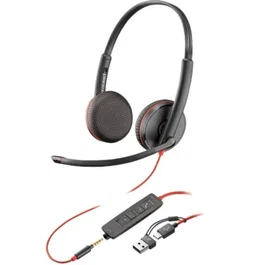 Poly Auriculares con Cable Blackwire 3225 para Comunicaciones - USB-C + Jack 3.5mm + Adaptador Incluido - Negro (Ref. 8X229AA)